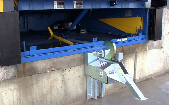 Loading dock with a truck restraint.